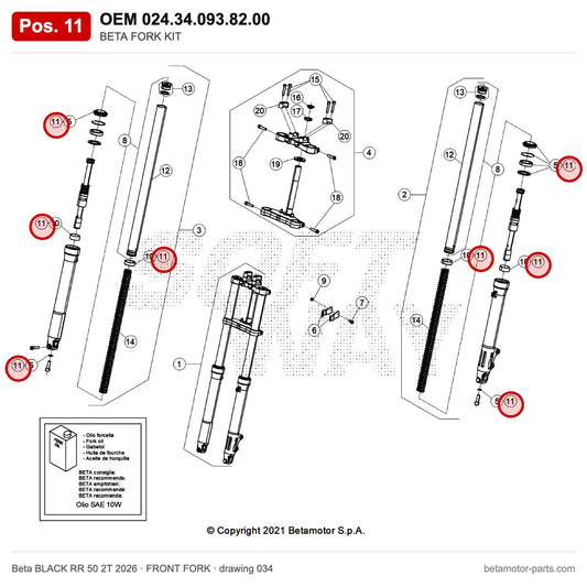 BETA FORK KIT – OEM 024.34.093.82.00, position 11 on the Beta BLACK RR 50 2T 2026 front fork drawing