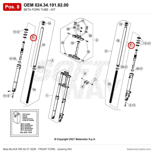 BETA FORK TUBE - KIT – OEM 024.34.101.82.00, position 8 on the Beta BLACK RR 50 2T 2026 front fork drawing