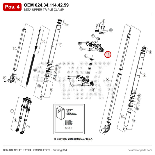 BETA UPPER TRIPLE CLAMP_1 – OEM 024.34.114.42.59, position 4 on the Beta RR 125 4T R 2024 front fork drawing