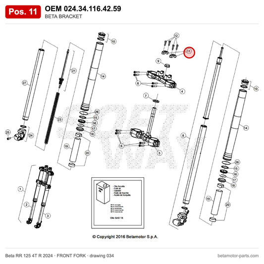 BETA BRACKET_1 – OEM 024.34.116.42.59, position 11 on the Beta RR 125 4T R 2024 front fork drawing