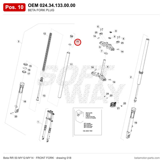 BETA FORK PLUG – OEM 024.34.133.00.00, position 10 on the Beta RR 50 MY12-MY14 front fork drawing