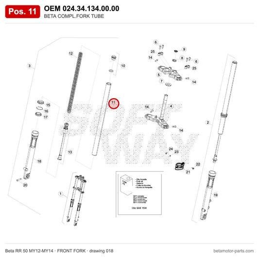 BETA COMPL.FORK TUBE – OEM 024.34.134.00.00, position 11 on the Beta RR 50 MY12-MY14 front fork drawing