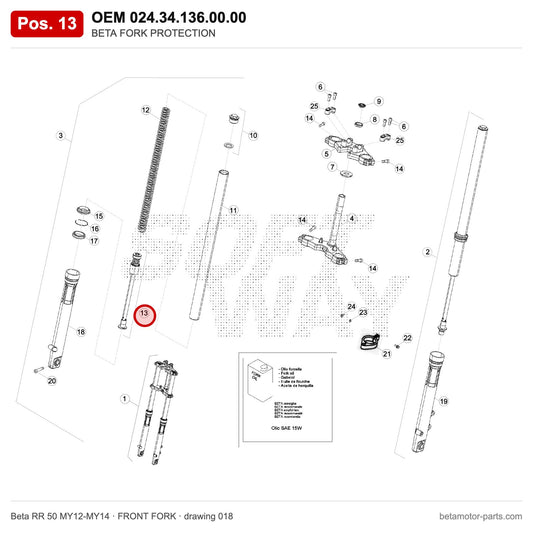 BETA FORK PROTECTION – OEM 024.34.136.00.00, position 13 on the Beta RR 50 MY12-MY14 front fork drawing