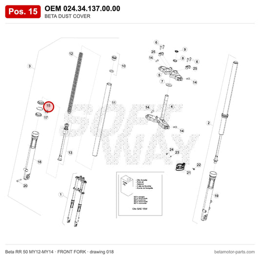 BETA DUST COVER – OEM 024.34.137.00.00, position 15 on the Beta RR 50 MY12-MY14 front fork drawing