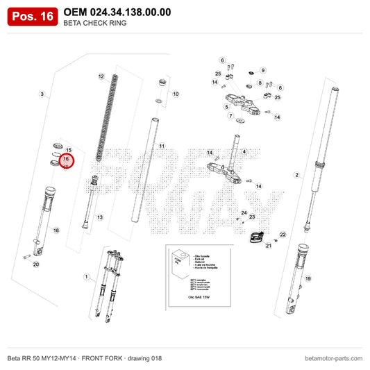 BETA CHECK RING – OEM 024.34.138.00.00, position 16 on the Beta RR 50 MY12-MY14 front fork drawing