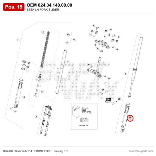 BETA LH FORK SLIDER – OEM 024.34.140.00.00, position 19 on the Beta RR 50 MY12-MY14 front fork drawing