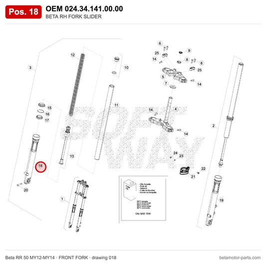 BETA RH FORK SLIDER – OEM 024.34.141.00.00, position 18 on the Beta RR 50 MY12-MY14 front fork drawing