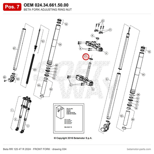 BETA FORK ADJUSTING RING NUT – OEM 024.34.661.50.00, position 7 on the Beta RR 125 4T R 2024 front fork drawing