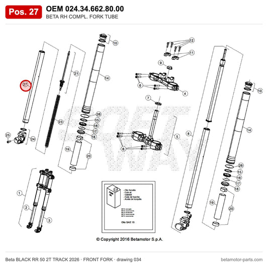 BETA RH COMPL. FORK TUBE – OEM 024.34.662.80.00, position 27 on the Beta BLACK RR 50 2T TRACK 2026 front fork drawing