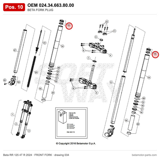 BETA FORK PLUG – OEM 024.34.663.80.00, position 10 on the Beta RR 125 4T R 2024 front fork drawing
