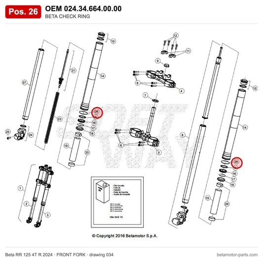 BETA CHECK RING – OEM 024.34.664.00.00, position 26 on the Beta RR 125 4T R 2024 front fork drawing