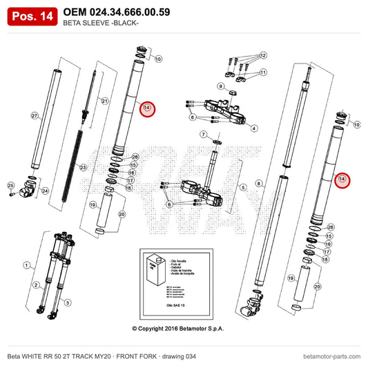 BETA SLEEVE -BLACK- – OEM 024.34.666.00.59, position 14 on the Beta WHITE RR 50 2T TRACK MY20 front fork drawing