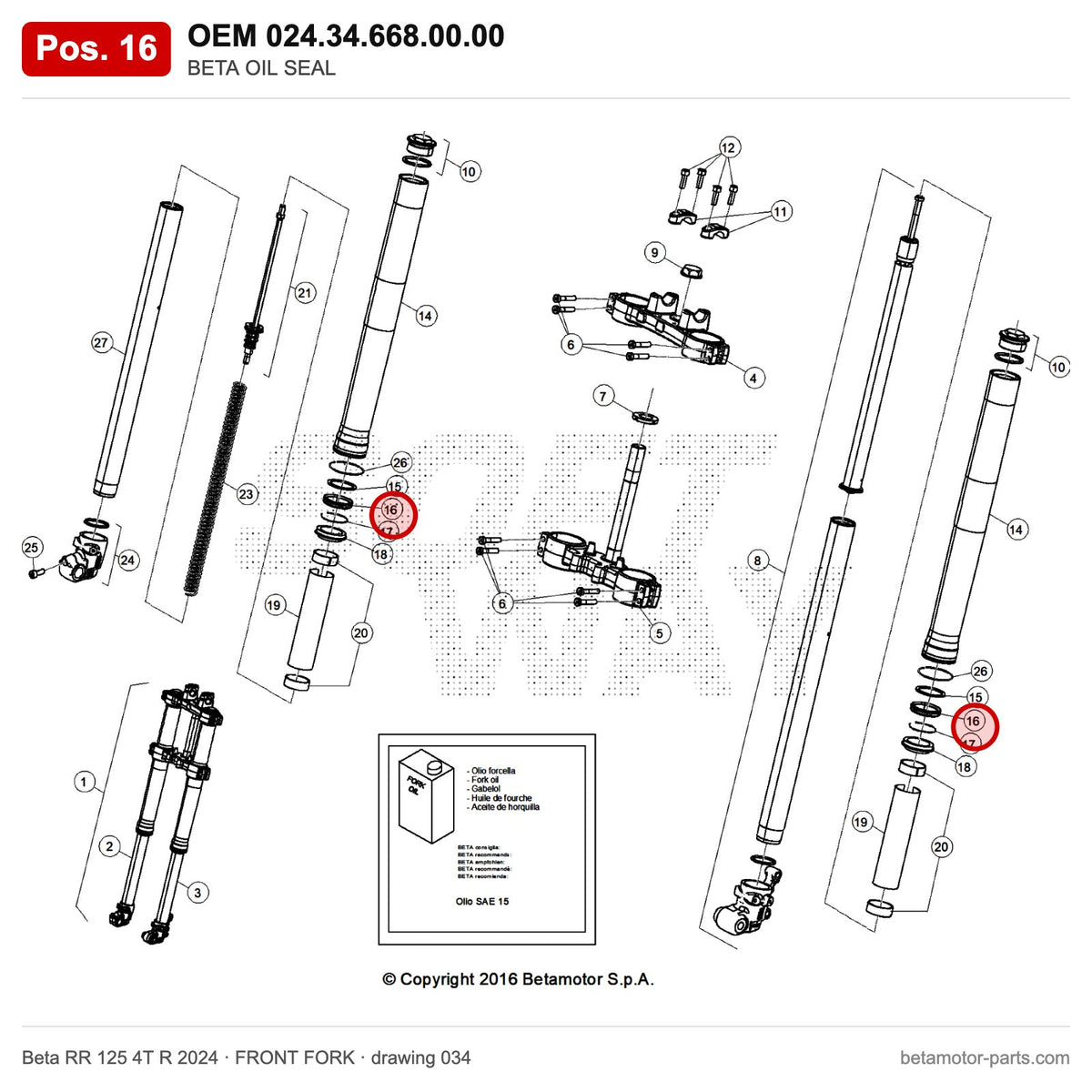 BETA OIL SEAL – OEM 024.34.668.00.00, position 16 on the Beta RR 125 4T R 2024 front fork drawing