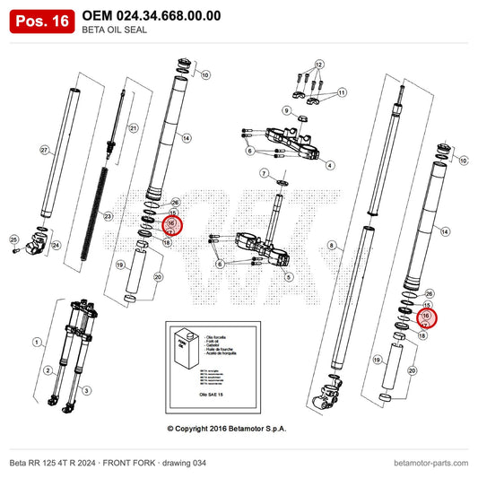 BETA OIL SEAL – OEM 024.34.668.00.00, position 16 on the Beta RR 125 4T R 2024 front fork drawing