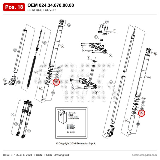 BETA DUST COVER – OEM 024.34.670.00.00, position 18 on the Beta RR 125 4T R 2024 front fork drawing