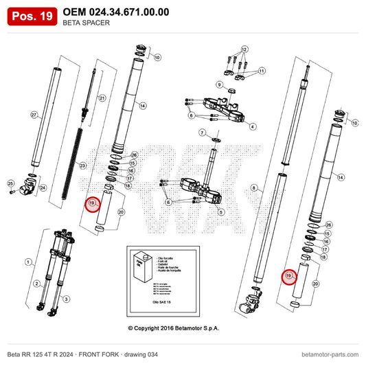 BETA SPACER – OEM 024.34.671.00.00, position 19 on the Beta RR 125 4T R 2024 front fork drawing