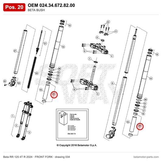 BETA BUSH – OEM 024.34.672.82.00, position 20 on the Beta RR 125 4T R 2024 front fork drawing