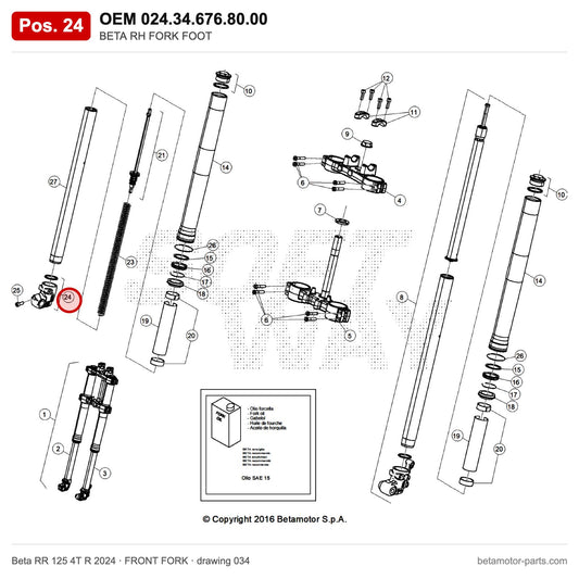 BETA RH FORK FOOT – OEM 024.34.676.80.00, position 24 on the Beta RR 125 4T R 2024 front fork drawing