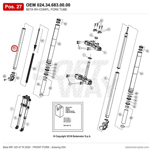 BETA RH COMPL. FORK TUBE – OEM 024.34.683.00.00, position 27 on the Beta RR 125 4T R 2024 front fork drawing