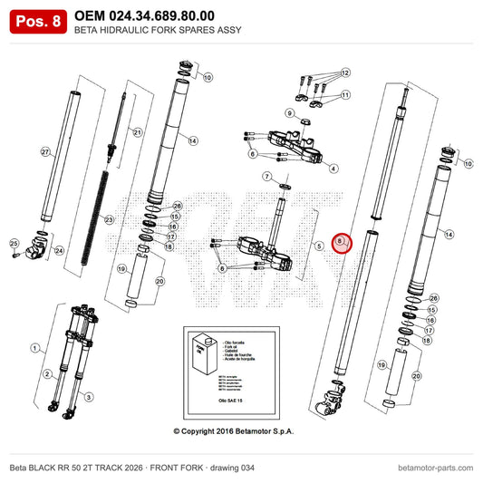 BETA HIDRAULIC FORK SPARES ASSY – OEM 024.34.689.80.00, position 8 on the Beta BLACK RR 50 2T TRACK 2026 front fork drawing