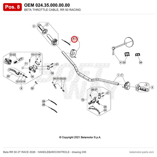 BETA THROTTLE CABLE, RR 50 RACING – OEM 024.35.000.00.00, position 8 on the Beta RR 50 2T RACE 2026 handlebar/controls drawing