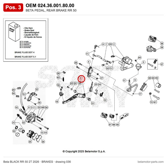 BETA PEDAL, REAR BRAKE RR 50 – OEM 024.36.001.80.00, position 3 on the Beta BLACK RR 50 2T 2026 brakes drawing