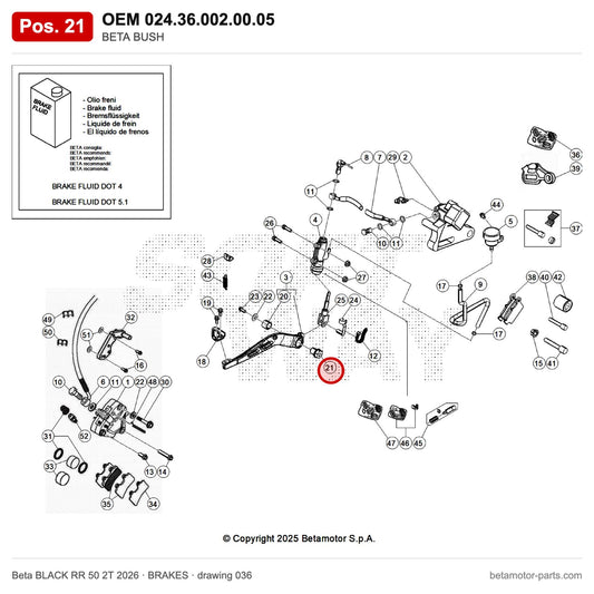 BETA BUSH – OEM 024.36.002.00.05, position 21 on the Beta BLACK RR 50 2T 2026 brakes drawing