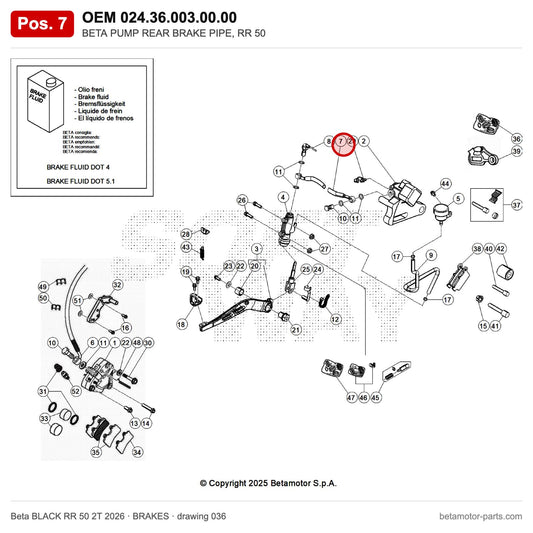 BETA PUMP REAR BRAKE PIPE, RR 50 – OEM 024.36.003.00.00, position 7 on the Beta BLACK RR 50 2T 2026 brakes drawing