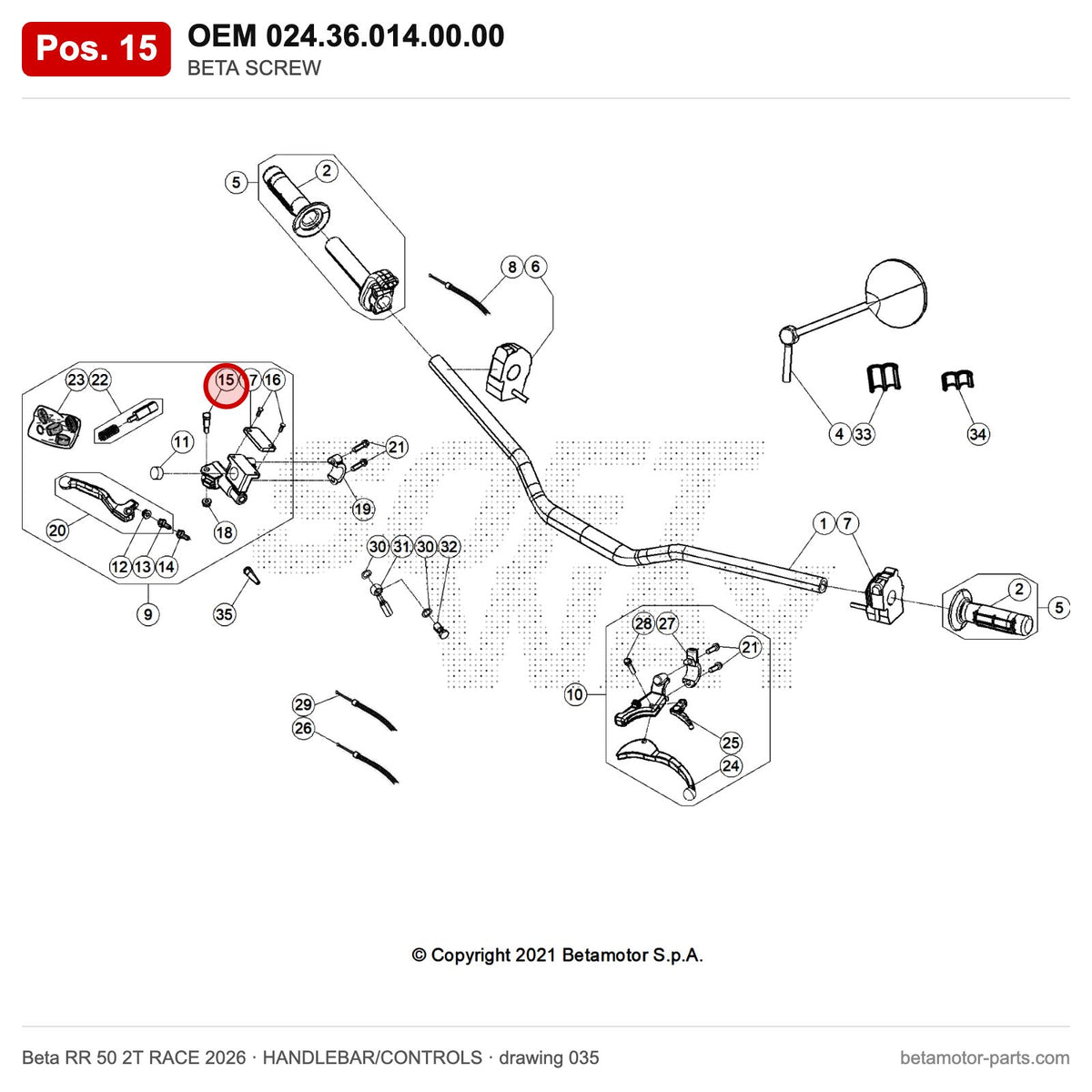 BETA SCREW – OEM 024.36.014.00.00, position 15 on the Beta RR 50 2T RACE 2026 handlebar/controls drawing