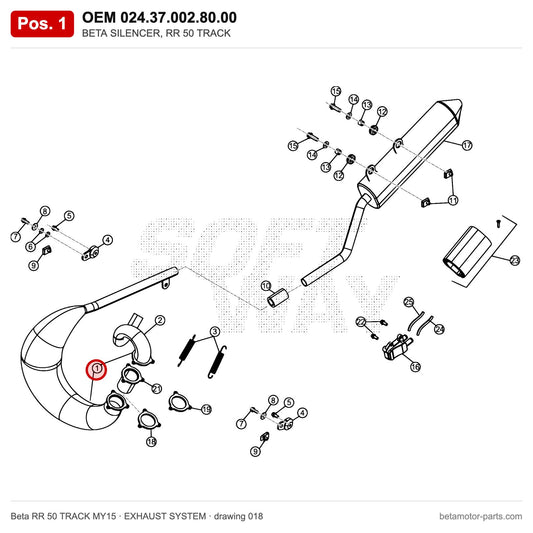 BETA SILENCER, RR 50 TRACK – OEM 024.37.002.80.00, position 1 on the Beta RR 50 TRACK MY15 exhaust system drawing