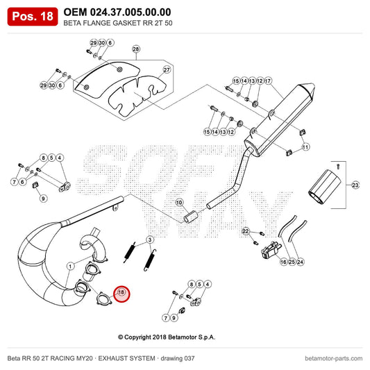 BETA FLANGE GASKET RR 2T 50 – OEM 024.37.005.00.00, position 18 on the Beta RR 50 2T RACING MY20 exhaust system drawing