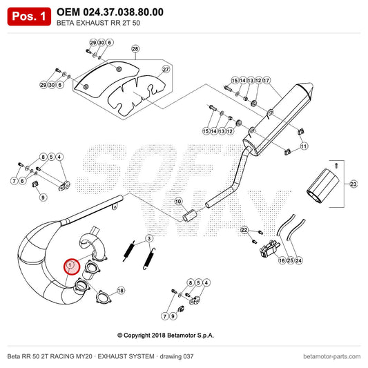 BETA EXHAUST RR 2T 50 – OEM 024.37.038.80.00, position 1 on the Beta RR 50 2T RACING MY20 exhaust system drawing