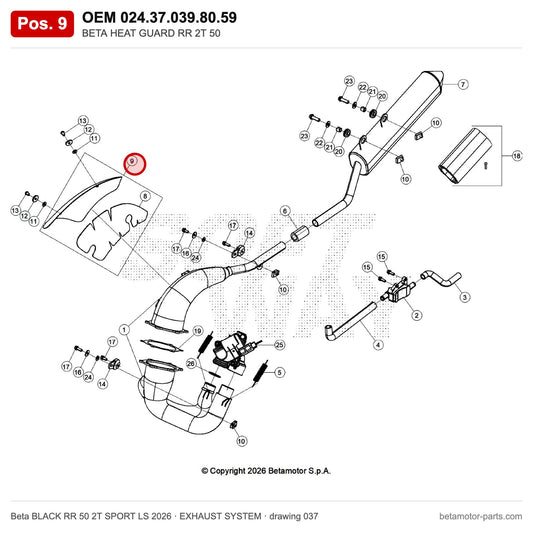 BETA HEAT GUARD RR 2T 50 – OEM 024.37.039.80.59, position 9 on the Beta BLACK RR 50 2T SPORT LS 2026 exhaust system drawing