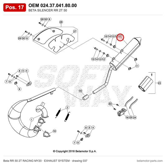 BETA SILENCER RR 2T 50 – OEM 024.37.041.80.00, position 17 on the Beta RR 50 2T RACING MY20 exhaust system drawing
