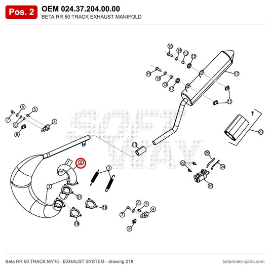 BETA RR 50 TRACK EXHAUST MANIFOLD – OEM 024.37.204.00.00, position 2 on the Beta RR 50 TRACK MY15 exhaust system drawing