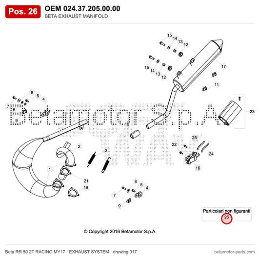 BETA EXHAUST MANIFOLD – OEM 024.37.205.00.00, position 26 on the Beta RR 50 2T RACING MY17 exhaust system drawing
