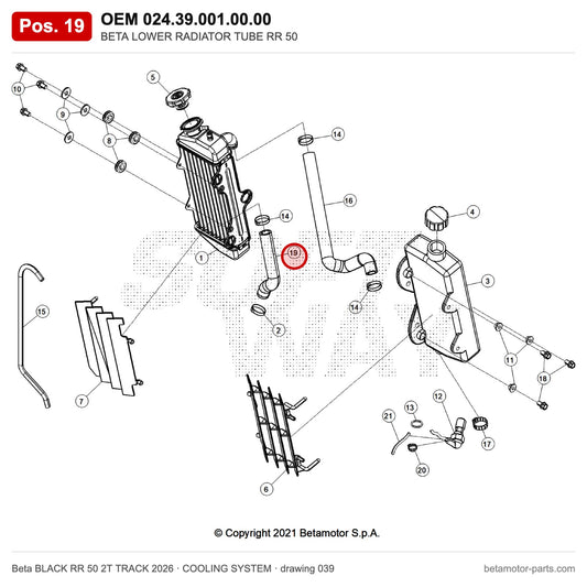 BETA LOWER RADIATOR TUBE RR 50 – OEM 024.39.001.00.00, position 19 on the Beta BLACK RR 50 2T TRACK 2026 cooling system drawing