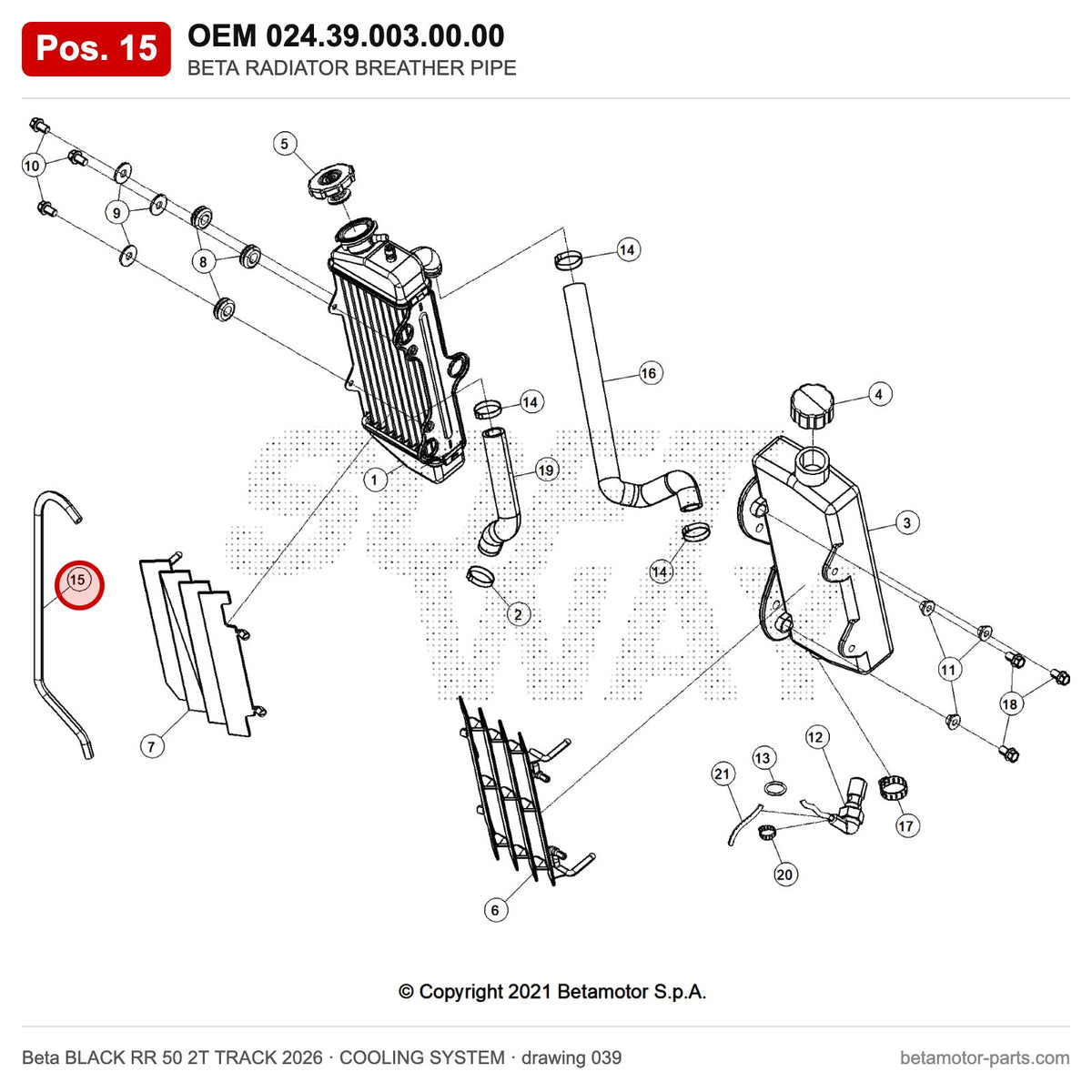 BETA RADIATOR BREATHER PIPE – OEM 024.39.003.00.00, position 15 on the Beta BLACK RR 50 2T TRACK 2026 cooling system drawing