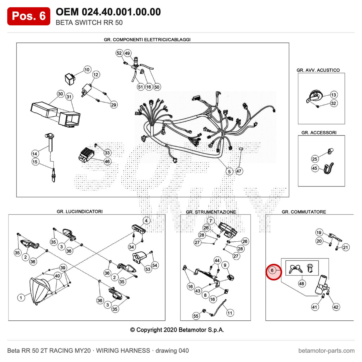 BETA SWITCH RR 50 – OEM 024.40.001.00.00, position 6 on the Beta RR 50 2T RACING MY20 wiring harness drawing