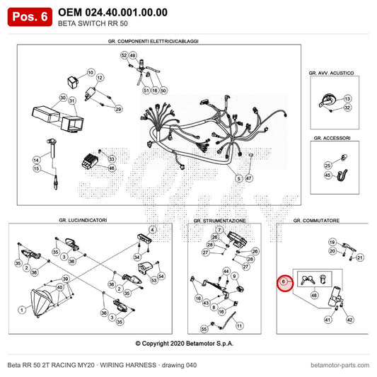 BETA SWITCH RR 50 – OEM 024.40.001.00.00, position 6 on the Beta RR 50 2T RACING MY20 wiring harness drawing