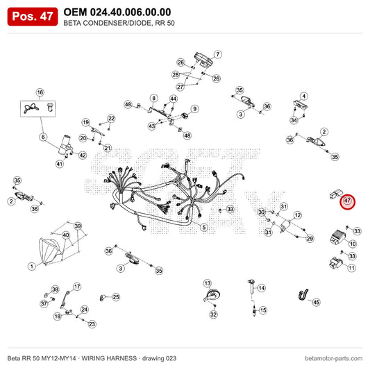 BETA CONDENSER/DIODE, RR 50 – OEM 024.40.006.00.00, position 47 on the Beta RR 50 MY12-MY14 wiring harness drawing