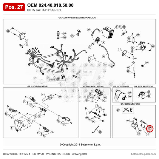 BETA SWITCH HOLDER – OEM 024.40.018.50.00, position 27 on the Beta WHITE RR 125 4T LC MY20 wiring harness drawing