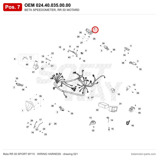 BETA SPEEDOMETER, RR 50 MOTARD – OEM 024.40.035.00.00, position 7 on the Beta RR 50 SPORT MY15 wiring harness drawing