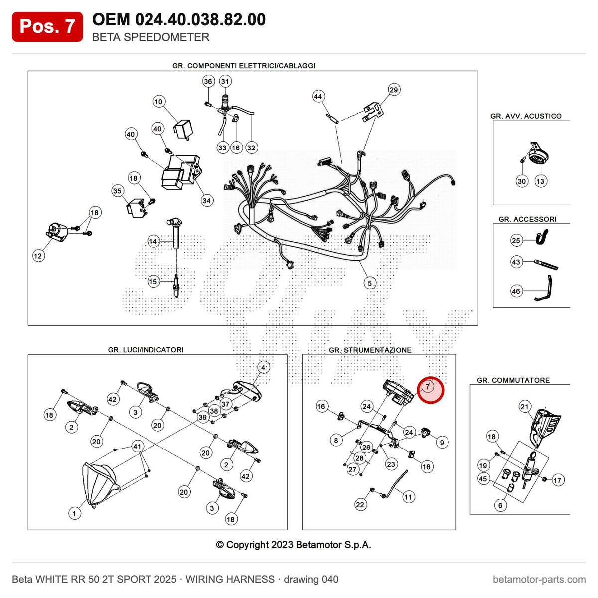 BETA SPEEDOMETER – OEM 024.40.038.82.00, position 7 on the Beta WHITE RR 50 2T SPORT 2025 wiring harness drawing