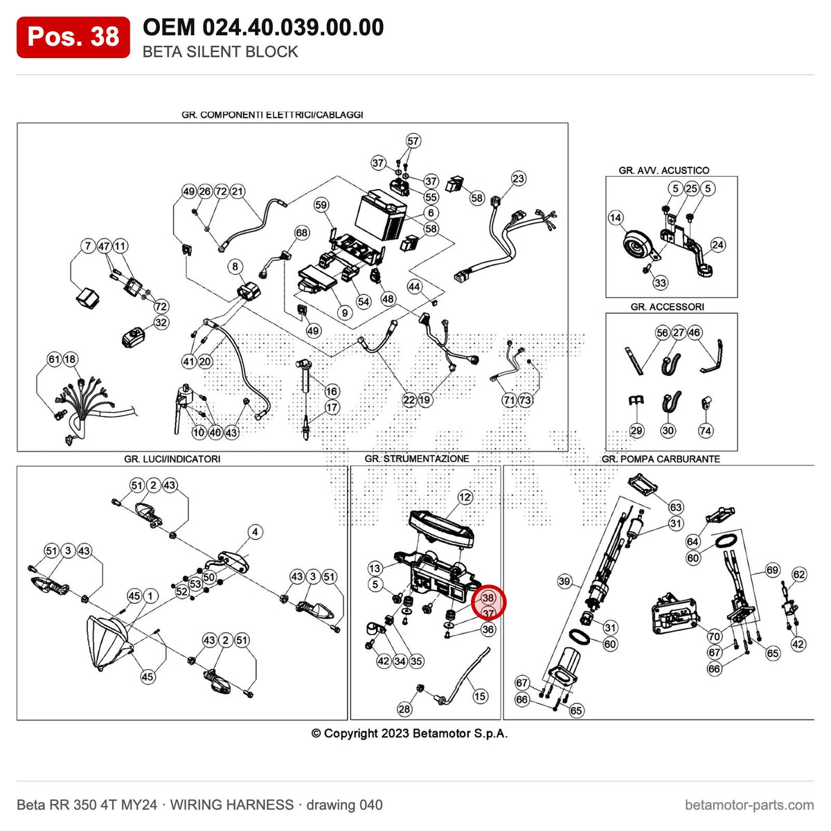 BETA SILENT BLOCK – OEM 024.40.039.00.00, position 38 on the Beta RR 350 4T MY24 wiring harness drawing