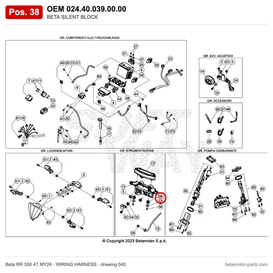 BETA SILENT BLOCK – OEM 024.40.039.00.00, position 38 on the Beta RR 350 4T MY24 wiring harness drawing