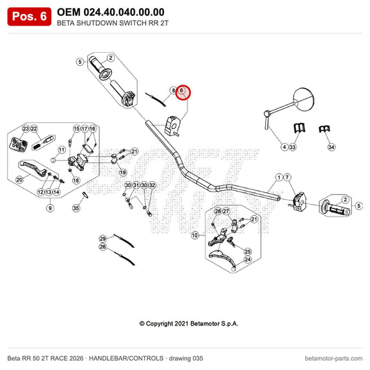 BETA SHUTDOWN SWITCH RR 2T – OEM 024.40.040.00.00, position 6 on the Beta RR 50 2T RACE 2026 handlebar/controls drawing