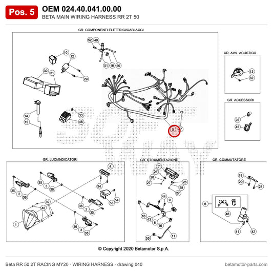 BETA MAIN WIRING HARNESS RR 2T 50 – OEM 024.40.041.00.00, position 5 on the Beta RR 50 2T RACING MY20 wiring harness drawing