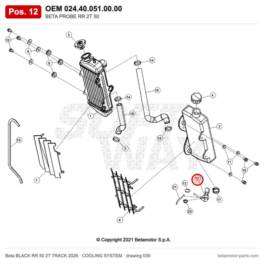 BETA PROBE RR 2T 50 – OEM 024.40.051.00.00, position 12 on the Beta BLACK RR 50 2T TRACK 2026 cooling system drawing