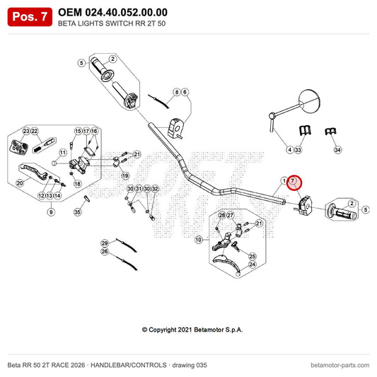 BETA LIGHTS SWITCH RR 2T 50 – OEM 024.40.052.00.00, position 7 on the Beta RR 50 2T RACE 2026 handlebar/controls drawing